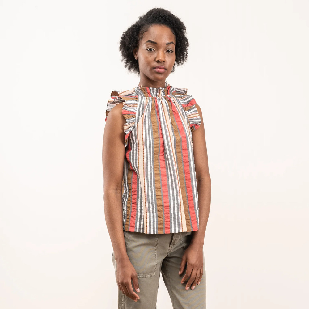 Ulla Johnson Adana Stripe Ruffle Flutter Sleeve High-Neck Blouse Top Poppy 4